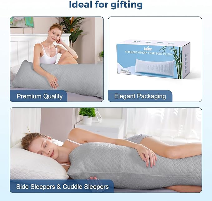Thick Memory Foam Body Pillow - Full Body Pillows for Side Sleeper - with Grey Cooling Pillowcase 20 x 54 inches (Grey Color)