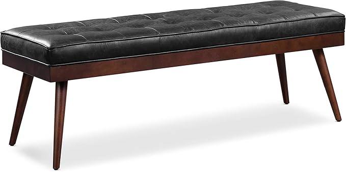 Poly & BARK 55" Tufted Leather Bed Bench for Bedroom End of Bed - Living Room Entry Way Bench - Pure Italian Leather Upholstery with a Solid Wood Frame - Ottoman Bench with Wooden Legs - Onyx Black