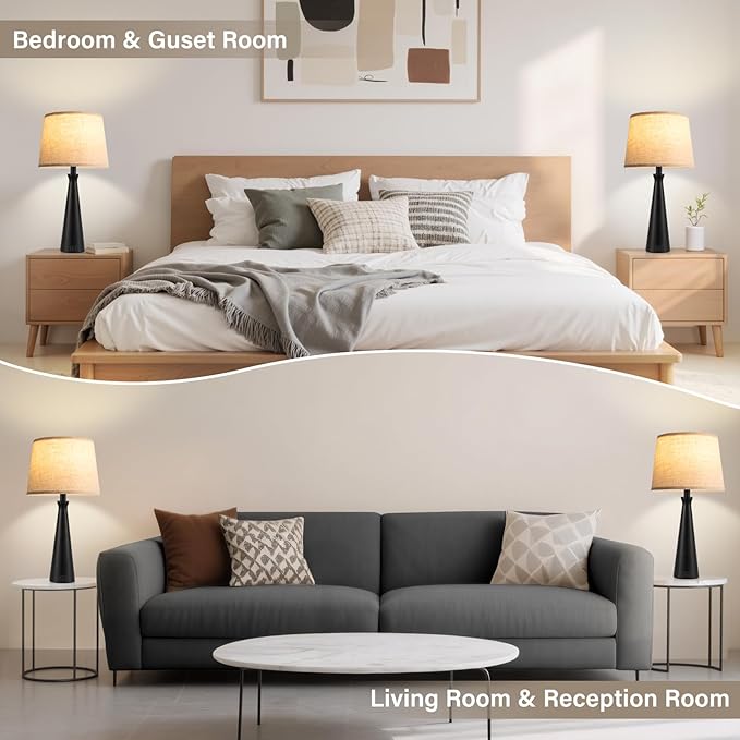 Seealle Modern Table Lamps Set of 2 - Touch Bedside Lamp for Nightstand with Dual USB C+A,3-Way Dimmable Black Nightstand Lamps for Living Room Bedroom End Table with Beige Shade(Bulb Included)