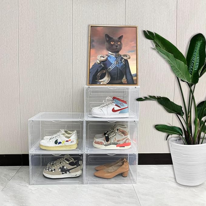 6 Pack XL Shoe Storage Box Organizer,Drop Side Large Shoe Boxes Clear Plastic Stackable Container,Magnetic Sneaker Display Case, Fit up to US 13（13.4”x 10.6”x 8.3”(6 Pack Clear)
