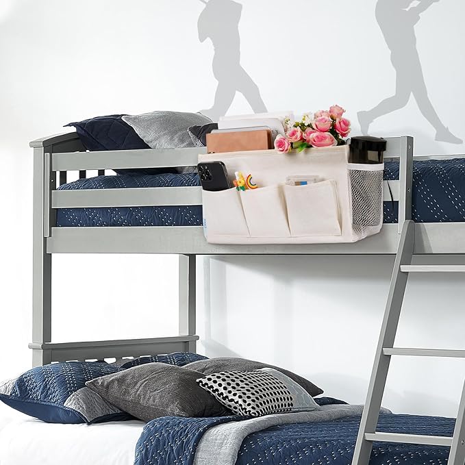 Ozzptuu Bedside Storage Caddy/Bedside Hanging Storage Bag for Headboards Bunk Beds Dorm Rooms Book Phone Magazine Holder (New White)
