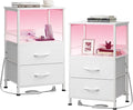 WLIVE White Night Stand Set of 2 with Charger Station, LED Nightstand with 2 Fabric Drawers and Storage Shelf, Bedside Tables with 3 USB Ports and 2 Outlets, Small Dresser for Bedroom,Small Space