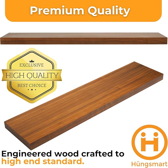 HÜNGSMART 48 Inch Wooden Floating Shelf – Supports 300lbs – Carpenter Designed - Engineered Wood with 4 x Walnut Finish – Includes Laser Welded Precision Wall Bracket (48 inches x 11 13/16 inches)