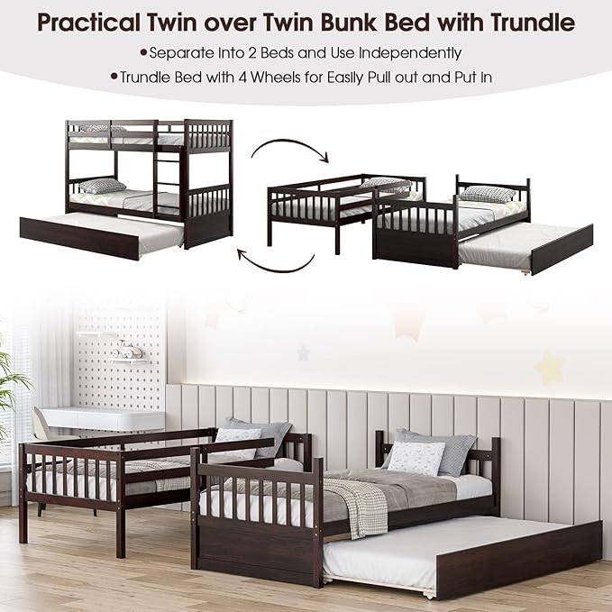 Giantex Twin Over Twin Bunk Bed with Trundle, Convertible Platform Bed Frame with Ladder & Solid Wood Frame, Space-Saving Bunk Bed for Teens & Adults, No Box Spring Needed, Espresso