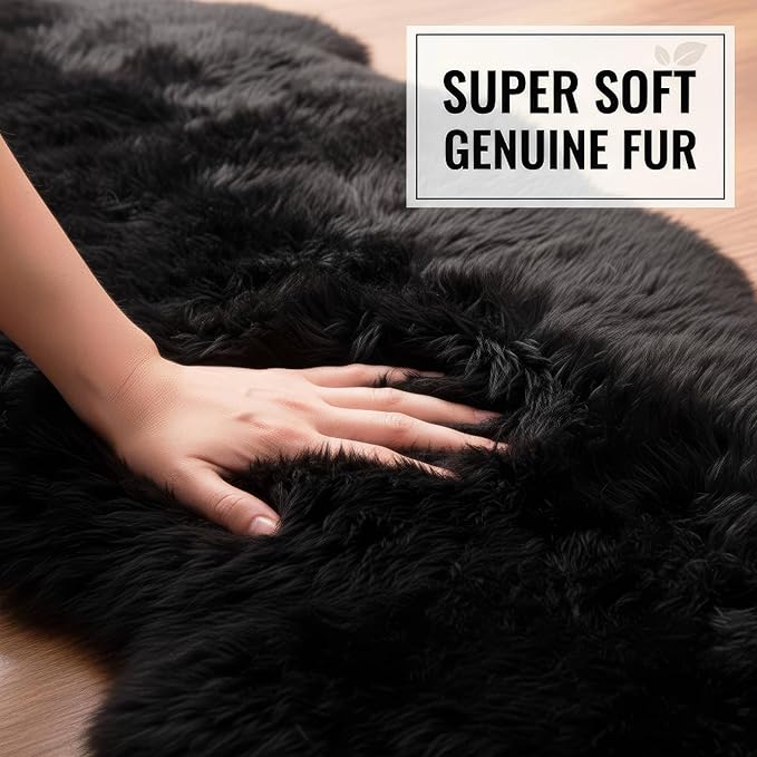 Authentic Black Sheepskin Rug 2x6 ft, Genuine Double Pelt Fluffy Fur Area Rug for Bedroom, Living Room & Home Decor, Soft Natural Sheep Skin Throw