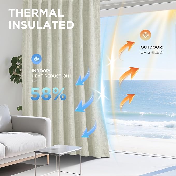 Joydeco Linen Blackout Curtains for Bedroom - 100% Light Blocking 1 Panels, Light Beige Drapes 70" W x 96" L, Thermal Insulated Room Darkening Curtains for Living Room, Rod Pocket & Back Tabs