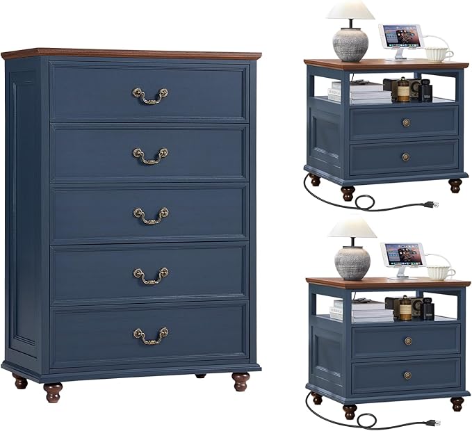 24" Wide Farmhouse Nightstand with Charging Station Set of 2, 45" Tall Rustic Chests of 5 Drawers w/ 4 Solid Wood Feet, Farmhouse Furniture Series for Living Room,Bedroom,DarkBlue