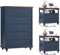 24" Wide Farmhouse Nightstand with Charging Station Set of 2, 45" Tall Rustic Chests of 5 Drawers w/ 4 Solid Wood Feet, Farmhouse Furniture Series for Living Room,Bedroom,DarkBlue