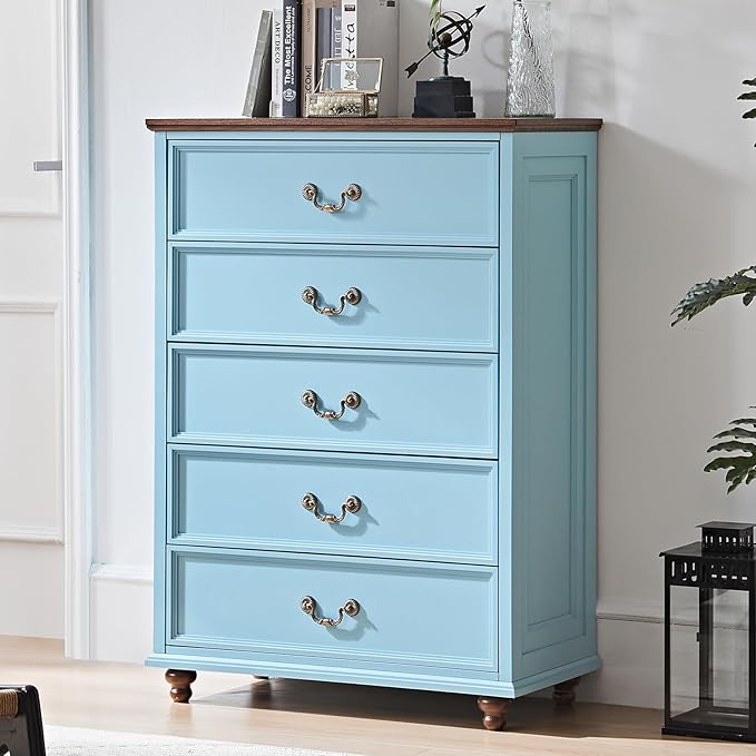 24" Wide Farmhouse Nightstand with Charging Station Set of 2, 45" Tall Rustic Chests of 5 Drawers w/ 4 Solid Wood Feet, Farmhouse Furniture Series for Living Room,Bedroom,LightBlue