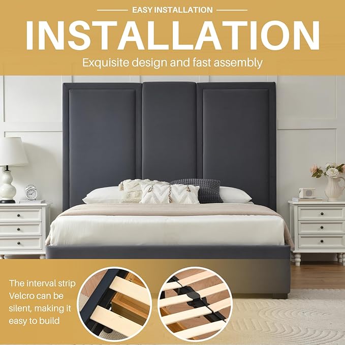 YUHUASHI Queen Size Bed Frame with 64-inch High Headboard, Simple and Airy Linen Upholstered Platform Bed with Storage Drawers, Wood Slat, No Noise (Grey, Queen (U.S. Standard))