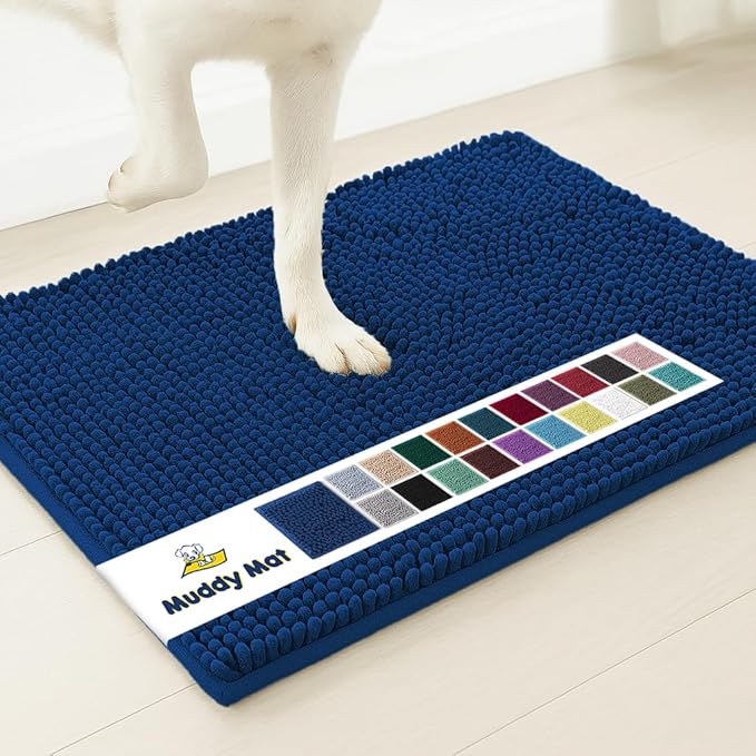 Muddy Mat® Shown on TV – Super Absorbent Microfiber Dog Door Mat for Muddy Paws, Non-Slip Washable Pet Rug, Quick Dry Chenille Entryway Carpet, Machine Washable Indoor Outdoor mat, Navy Blue 28"x18"