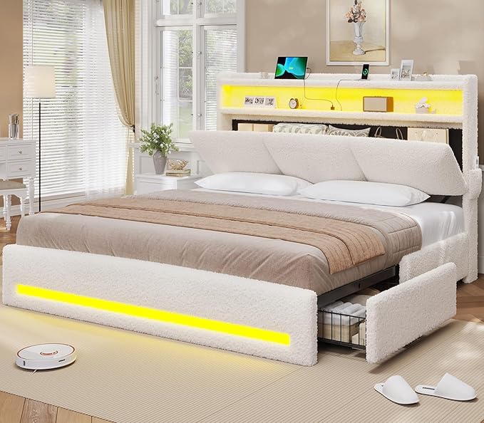 VIAGDO King Bed Frame with Storage Headboard and Charging Station, Boucle Upholstered Bed Frame King Size with 4 Drawers and LED Lights, Type C and USB, No Box Spring Needed, Cream White