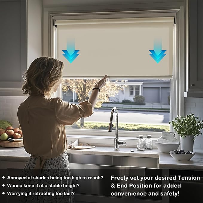 HESTIA No Drill Cordless Blackout Roller Shades Screwless Waterproof Shower Window Blinds, Auto-Retraction Easy Install Blind for Bathroom/Kitchen/Office/Exterior, Cream, 32" W x 72" H