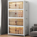 640Qt Stackable Storage Bins with Lids, 4 Pack Large Collapsible Bins with Wheels, Plastic Cabinet with Doors, Foldable Closet Organizers and Storage for Home, Dorm, Office, White