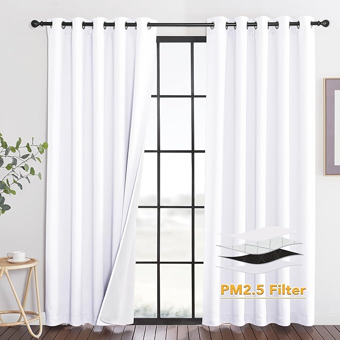 RYB HOME Dustproof Curtains for Large Window, Soundproof Thermal Insulated Blackout Curtains for Sliding Glass Door Furance Office Dorm Bedroom Living Room, White, W62 x L84 inch, 2 Panels