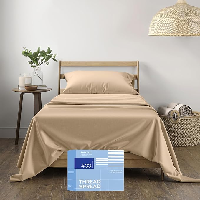 THREAD SPREAD 100% Cotton Sheets Twin Size - 400 Thread Count Cotton Bed Sheets Twin, 3 PC Set (Taupe), Luxury Soft, Breathable, Cooling, Sateen Weave 16" Deep Pocket Bedsheet for Dorm Rooms