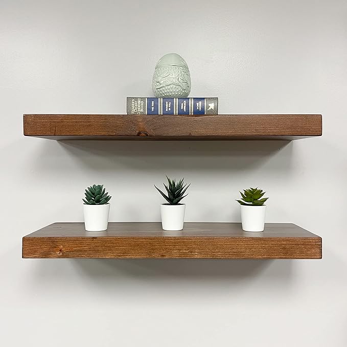 URBANDI, Rustic Floating Shelves, Set of 2, Hidden Bracket, Solid Wood, Heavy Duty, Wall Mounted Shelves, (Provincial, 24Wx8D)