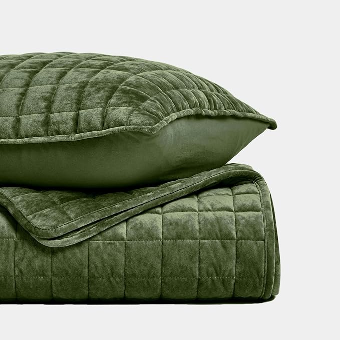 RECYCO Luxury Velvet Quilt Set Full Queen Size Bedding Sets, Ultra Soft Velvet Comforter Set, Lightweight Channel Box Stitch Oversized Bedspread Coverlet for All Season, with 2 Shams, Loden Green