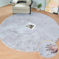 Washable Furry 5ft Round Area Rugs for Living Room Bedroom Light Grey Circle Faux Rabbit Shaggy Fur Rug Teen Room Décor