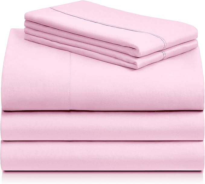 LuxClub 5 PC Sheet Set Bed Sheets Deep Pockets 16" Eco Friendly Wrinkle Free Cooling Machine Washable Hotel Bedding Silky Soft - Powder Pink Split King