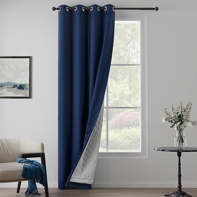 Navy Blue 3-in-1 Heavy Soundproof Curtains Full Blackout Curtains for Bedroom Energy Saving Winter Drapes Grommet Thermal Insulation Room Divider Drapes for Living Room (1 Panel, Navy Blue, 50" x 96")