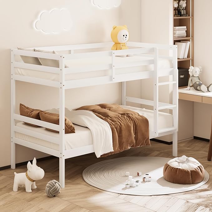 Giantex Bunk Bed Twin Over Twin White, Solid Wood Bunk Bed with Sturdy Ladder & 12 Inch Safety Guard Rails, Twin Size Wood Bed Frame for Dormitory, No Box Spring Needed, Bunk Beds for Kids Teens