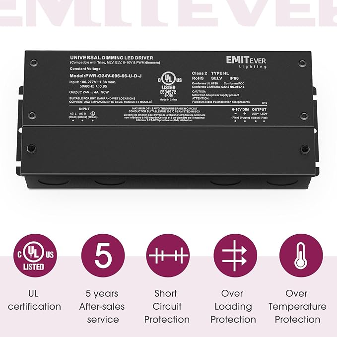 EMITEVER Dimmable Led Driver, 2 Packs 96W AC 110V-277V to DC 24V Transformer, 5-in-1 Dimming: ELV/MLV/TRIAC / 0-10V / 1-10V / 10V PWM/Potentiometer, Waterproof IP67 and UL Listed