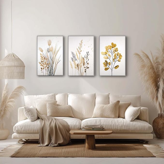 YCJKJDZ Beige Botanical Wrapped Canvas Wall Art Set of 3, Boho Watercolor Wildflower Pampas Grass Poster Neutral Leaf Art Fall Nature plant Prints for Living Room, Bedroom, Office, – 16x24 in