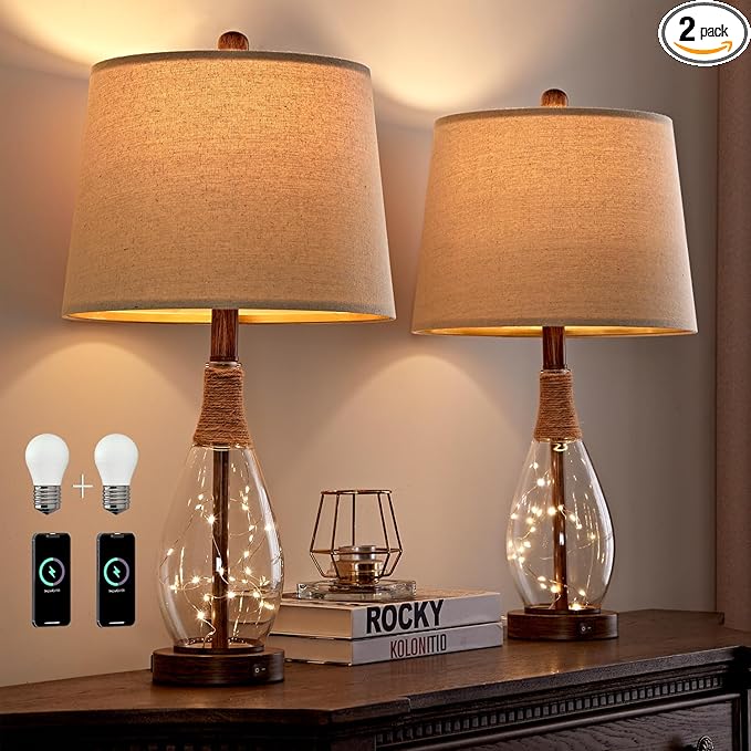 OYEARS Bedside Table Lamps Set of 2 with USB, Modern Bedside Lamps Retro Farmhouse Rattan Glass Nightstand Nightlight Lamps for Bedroom Living Room Dorm,Two Light Points