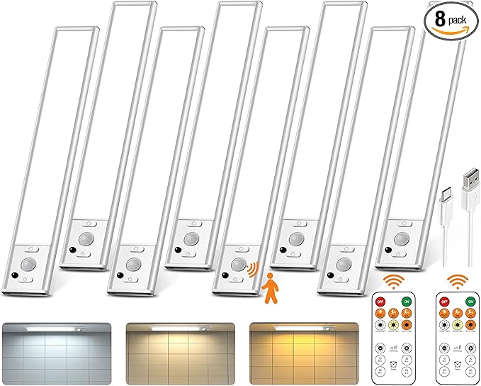 Under Cabinet Lights with Remote Control, USB Rechargeable LED Motion Sensor Light Indoor, Magnetic Wireless Under Counter Lights, 3 Color Dimmable Closet Lights for Kitchen,Cabinet,Bedroom, 8 Pack