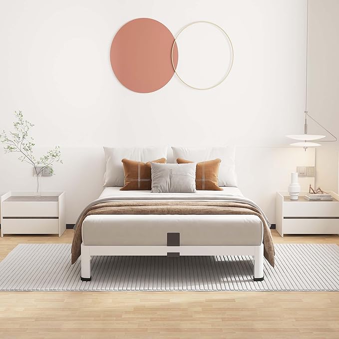 ROIL 4 Inch White Twin Bed Frame with Rounded Corner and Mattress Retainers, 3500LBS Heavy Duty Steel Slats No Box Spring Needed Platform Noise-Free Easy Assembly
