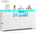 WLIVE White TV Stand for 55, 60, 65 inch TV, Entertainment Center with LED Lights & Charging Station, TV Media Console Table with 15 Fabric Drawers and Open Shelves for Living Room, Hallway, Wood Top