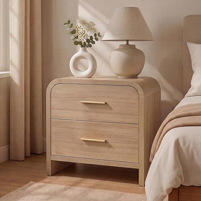 Night Stand [Unique Curved Profile] [FSC-Certified Wooden Board] 2-Drawer Nightstand 24" H Metal Handle Modern Sturdy Bedside Table Side Table End Table
