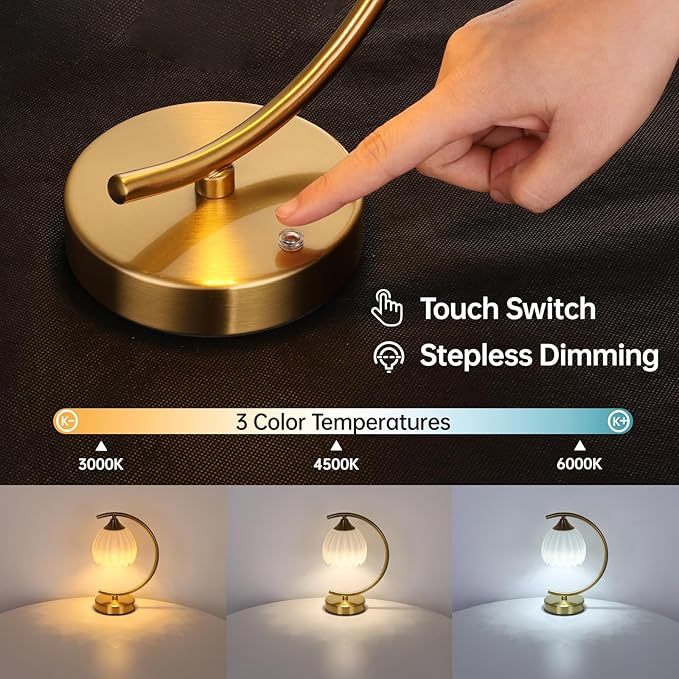 Tulip Table Lamp with 5200mAh Battery & Touch Control, Cordless Lamp with 3 Color Temperatures Clear Bulb, Rechargeable Small Table Lamps for Living Room, Bedside, Nightstand (White Tulip)