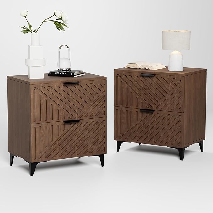 Royal Windsor Small Fluted Nightstand Set of 2 with 2 Drawers, Side End Table, Small Accent Storage Cabinet,Modern Night Stand Bedside Table for Bedroom Full Size Bed, Brown