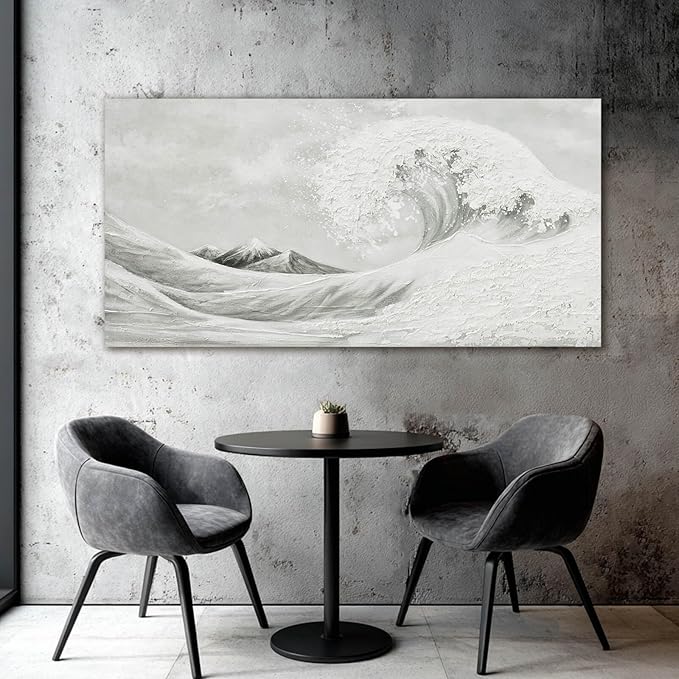 YETHEN WAL Neutral Grey & White Wave Wall Art – Textured Minimalist Canvas Print, Modern Coastal Decor for Hallway Entryway Bedroom, 20×40 Inch