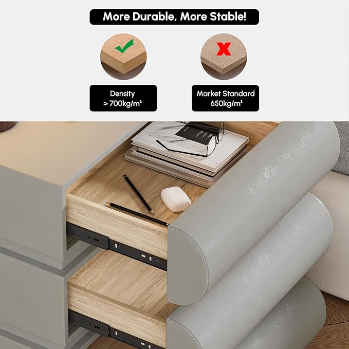 homary Smart Nightstand Modern White Leather Nightstands with Wireless Charger Bedside Table with 3 Drawers for Bedrooms Living Rooms Offices 19.7" W x 16.1" D x 23.6" H (Light Gray 3 Drawers)