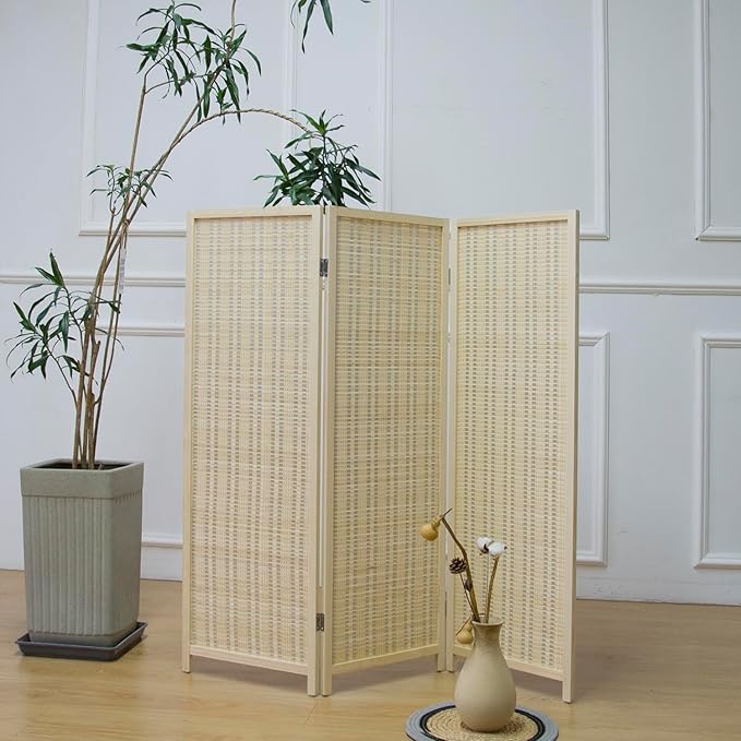 3 Panel Short Room Divider Screen,Beige Freestanding Partition,Small Bamboo Panel Divider for Room Seperation,3.95 FT Tall
