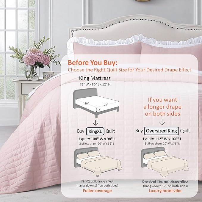 KASENTEX King XL Quilt Set 108"x98" – Soft Washed 3-Layer Lightweight Bedspread, Minimalist Nordic Design, All-Season Spring & Summer Quilt Set (1 Quilt + 2 Pillow Shams), Blush Pink