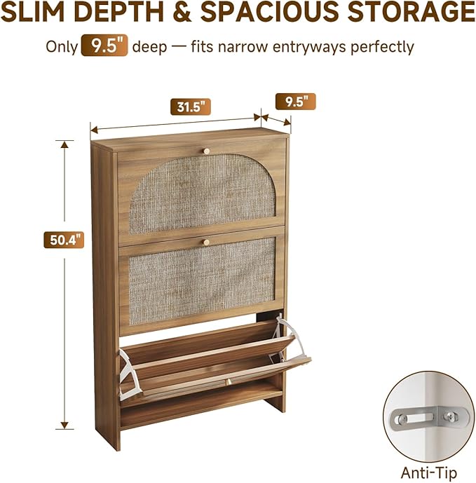 Nicetree Freestanding Ultra Slim Arched Rattan Accent Shoe Storage Cabinet for Entryway - 3 Flip Drawers & 3-Tier Adjustable Shelves, Farmhouse Modern Rustic Shoe Rack for Hallway, Foyer