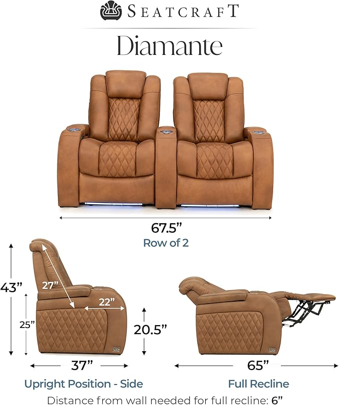 Seatcraft Diamante Zero-Gravity CoolZero Italian Leather Home Theater Seating, Power Headrest, Power Recline, Row of 2, Tawny