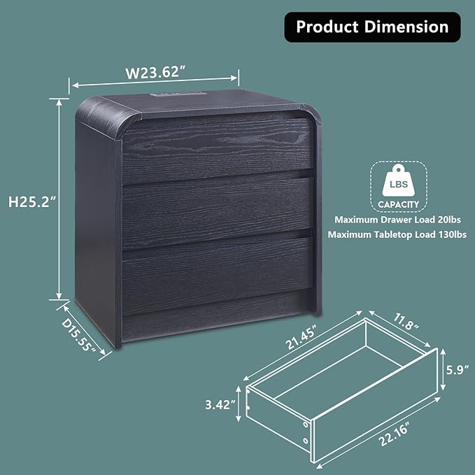 25" Tall Modern Nightstand with Charging Station, 23.6'' Wide Wood Bedside Table w/3 Storage Drawers, Small Dresser w/Curved Profile Design, End Table for Bedroom, Black