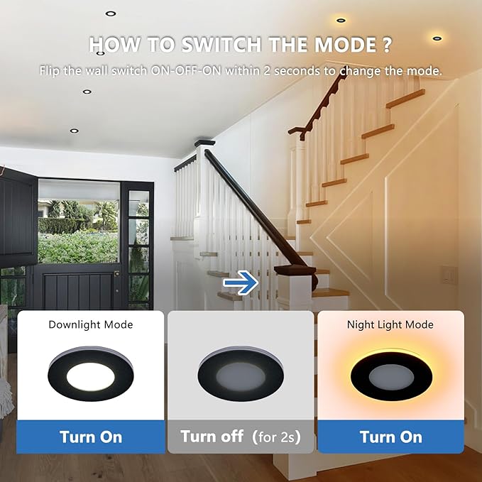 CycevSun 3 Inch Black LED Recessed Lights with Night Light, Dimmable & 5CCT Selectable Canless Downlight Wafer Outdoor Soffit, 6W, ETL, IC Rated, 6 Pack