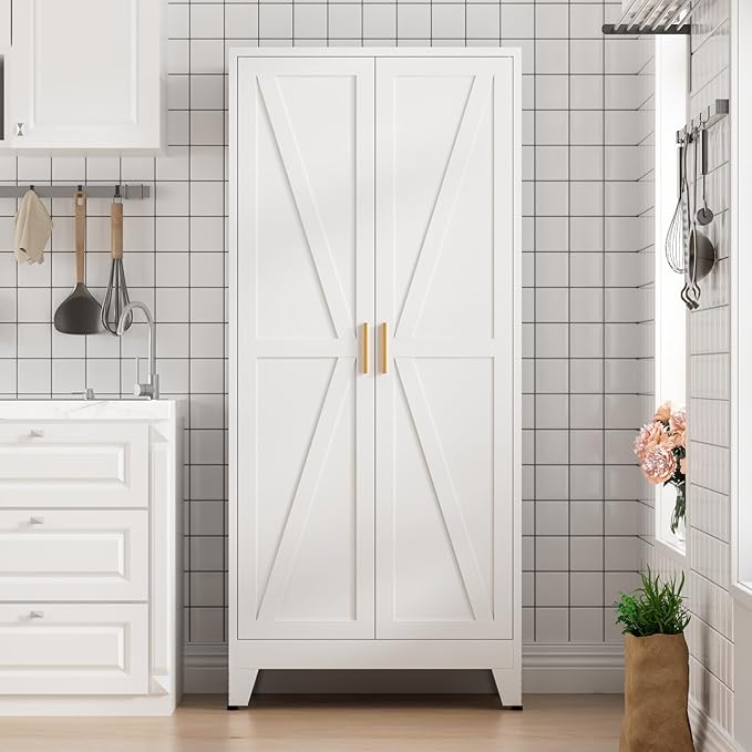 COFaR 5 Tier Metal Farmhouse Storage Cabinet with 2 Barn Door, 4 Adjustable Shelves and Legs, for Kitchen, Dining Room, Bathroom, Living Room, Office