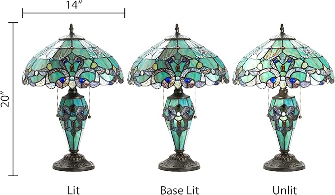 RIVER OF GOODS - Stained Glass Halston Double Lit Table Lamp - 20" H - Decorative Lamp for Bedroom - Bedside Lamp - Desk Lamps for Home Office - Tiffany Style - Green and Blue