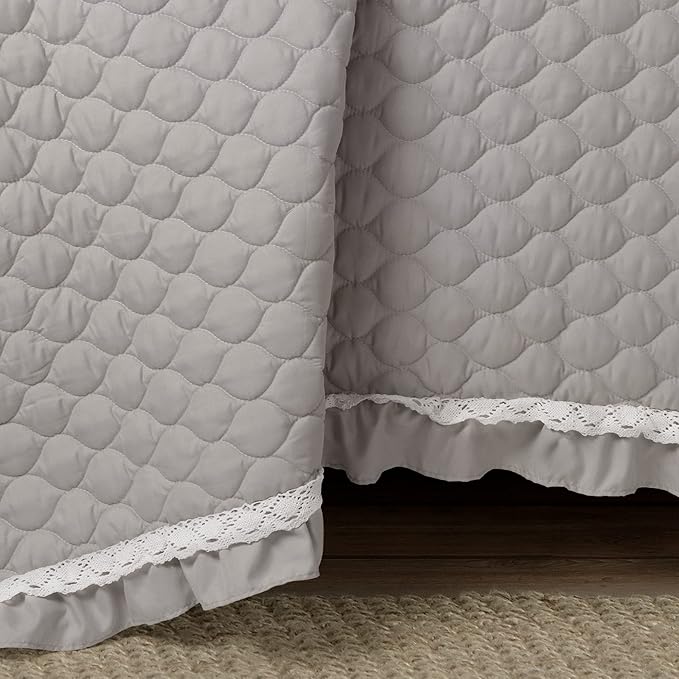 Lush Decor Ella Ruffle Lace Quilt, 3 Piece Set, King, Light Gray - Cute Quilt - King Bedding Set - Gray Bedding - Coquette Decor - Ruffle Trim - Lace Trim