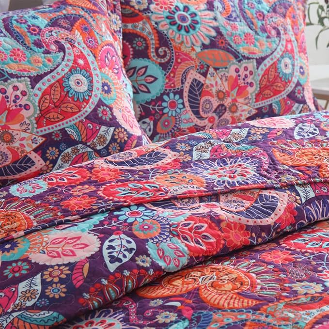 Cotton Bedspread Quilt Sets Reversible Bedding Coverlet Sets Comforter Paisley Floral Bohemian Bedspread,Bohemian Red Gorgeous Pattern,King Size