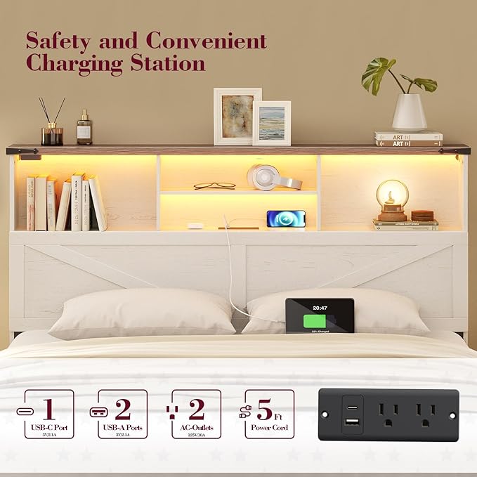 Full Size Bed Frame with Bookshelf, High Headboard with Charging Station and LED Light, Farmhouse Bed with Storage Drawers, No Box Spring Needed, Noise Free, Easy Assembly, Antique White