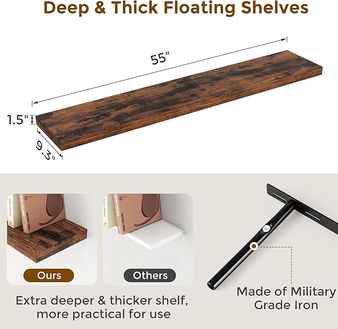 55 Inch Floating Shelves for Wall Set of 2, 55x9.3 Large Floating Shelf for Bedroom, Kitchen, Bathroom, Wall Mounted Rustic Wood Shelves with Invisible Bracket for Books, Decor, Rustic Brown