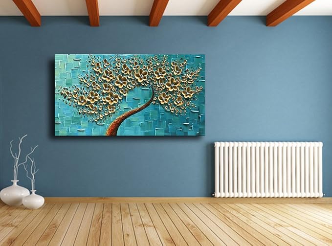 YaSheng Art - Handmade 3D Golden Flowers Artwork Oil Painting On Canvas Texture Palette Knife Flowers Tree Abstract Landscape Paintings Modern Home For Living Room Bedroom Decor Wall Art 20X40 inch